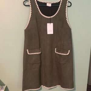 Olive Green Sleeveless Trim Pinafore Dress
